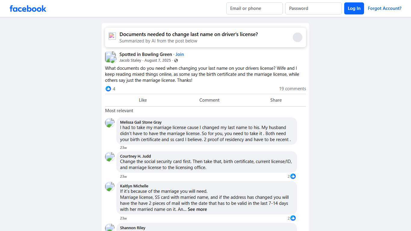 Spotted in Bowling Green | What documents do you need when changing your last name on your drivers license | Facebook